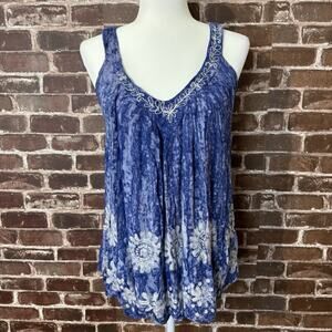 Fashion Terminal Sleeveless Tie Dye Top Blue Free Size Flower Print
